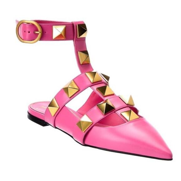 Valentino Roman Stud Leather Ankle Strap Flat Pink IT 37/ US 7 - Picture 1 of 14